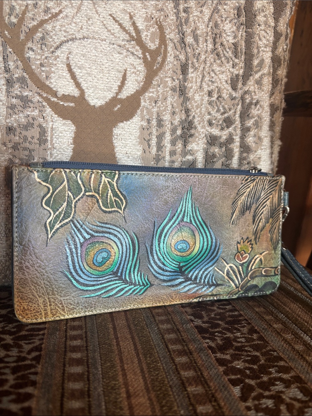 Hand-Painted Peacock Feather Leather Wallet Clutch - Teal & Brown